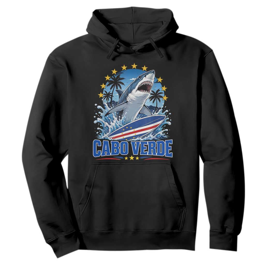 Cabo Verde Surfing Blue Shark Surfboard Hoodie Cape Verde Flag Tropical Ocean Wave