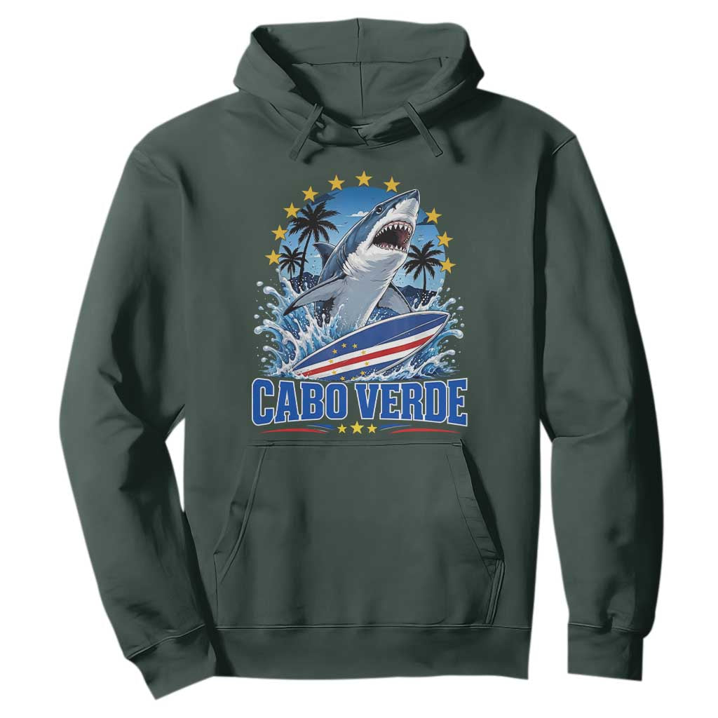 Cabo Verde Surfing Blue Shark Surfboard Hoodie Cape Verde Flag Tropical Ocean Wave