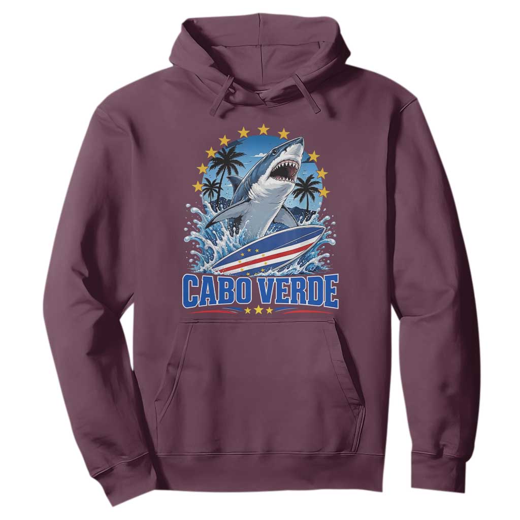 Cabo Verde Surfing Blue Shark Surfboard Hoodie Cape Verde Flag Tropical Ocean Wave