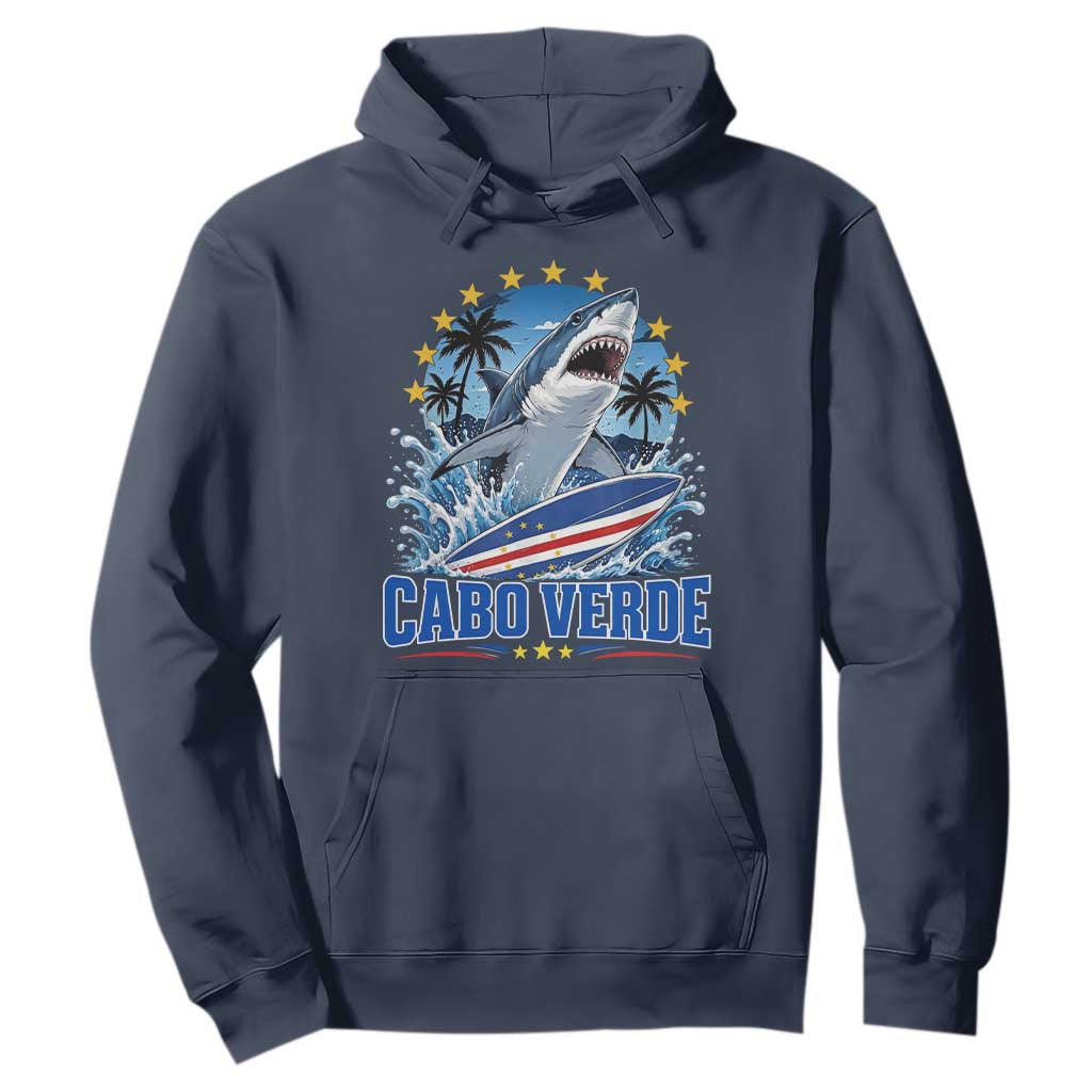 Cabo Verde Surfing Blue Shark Surfboard Hoodie Cape Verde Flag Tropical Ocean Wave
