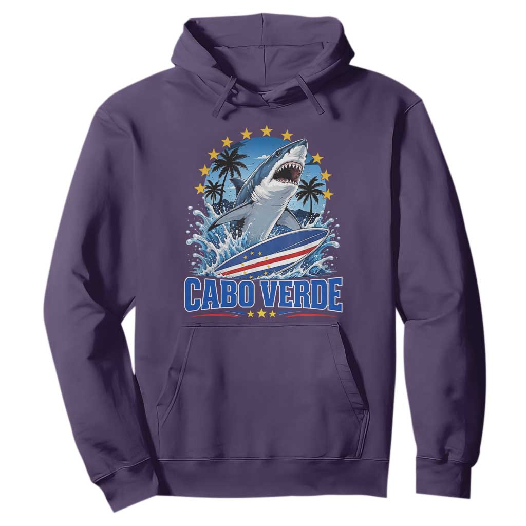 Cabo Verde Surfing Blue Shark Surfboard Hoodie Cape Verde Flag Tropical Ocean Wave