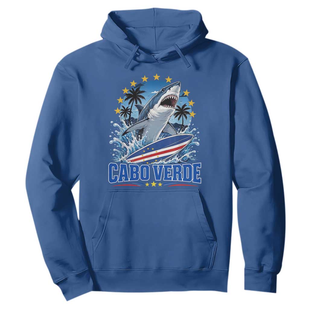 Cabo Verde Surfing Blue Shark Surfboard Hoodie Cape Verde Flag Tropical Ocean Wave