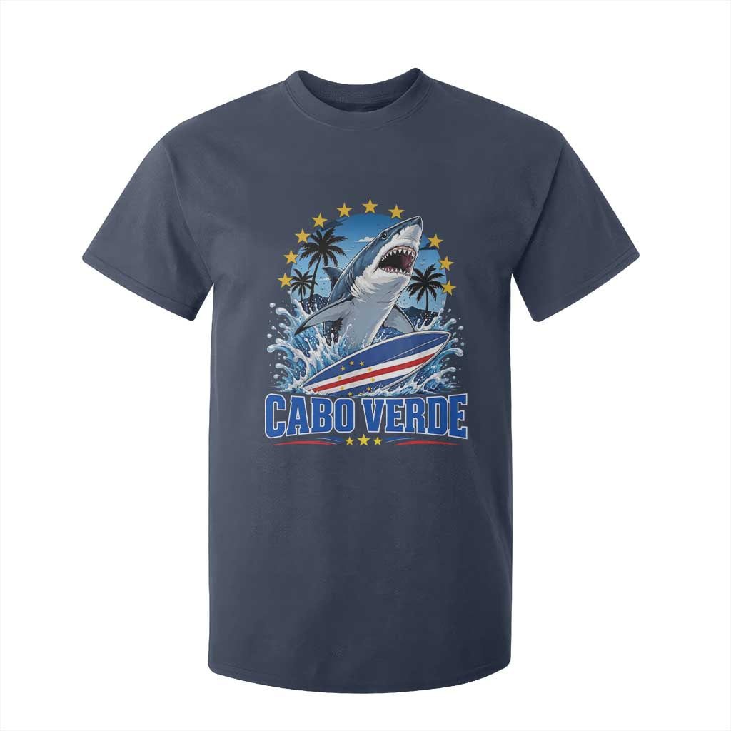 Cabo Verde Surfing Blue Shark Surfboard T Shirt For Kid Cape Verde Flag Tropical Ocean Wave