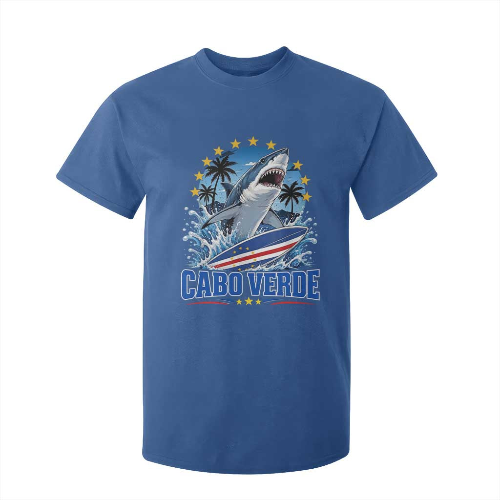 Cabo Verde Surfing Blue Shark Surfboard T Shirt For Kid Cape Verde Flag Tropical Ocean Wave