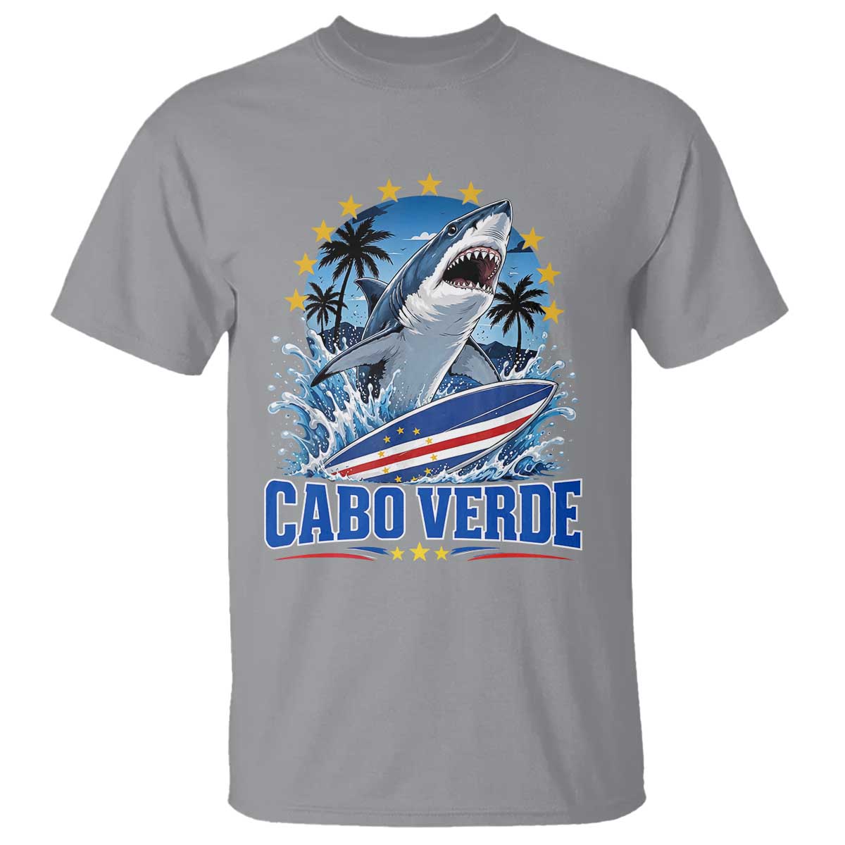 Cabo Verde Surfing Blue Shark Surfboard T Shirt Cape Verde Flag Tropical Ocean Wave