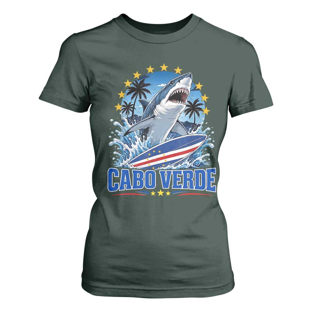 Cabo Verde Surfing Blue Shark Surfboard T Shirt For Women Cape Verde Flag Tropical Ocean Wave