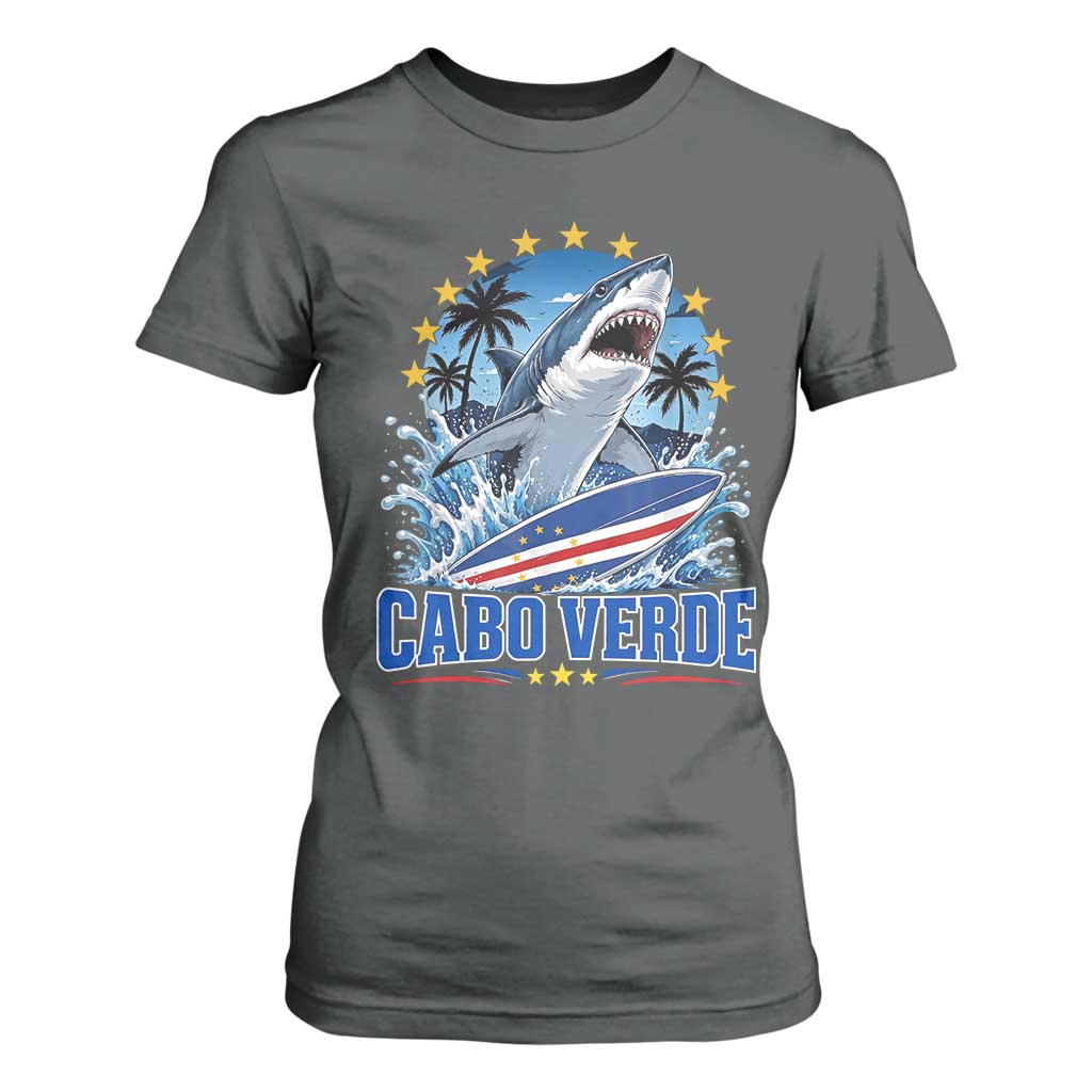 Cabo Verde Surfing Blue Shark Surfboard T Shirt For Women Cape Verde Flag Tropical Ocean Wave