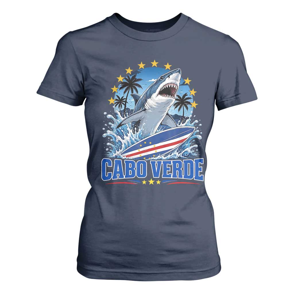 Cabo Verde Surfing Blue Shark Surfboard T Shirt For Women Cape Verde Flag Tropical Ocean Wave