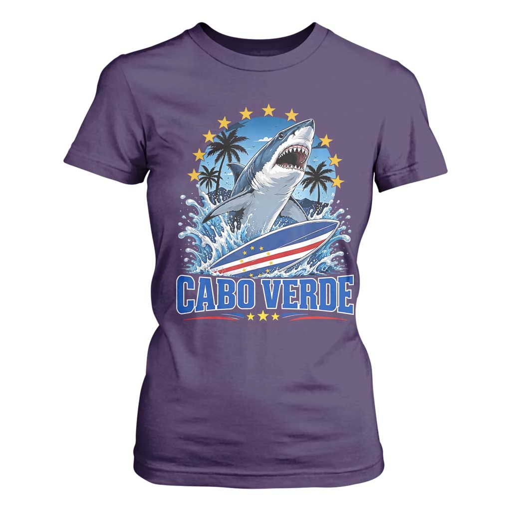 Cabo Verde Surfing Blue Shark Surfboard T Shirt For Women Cape Verde Flag Tropical Ocean Wave