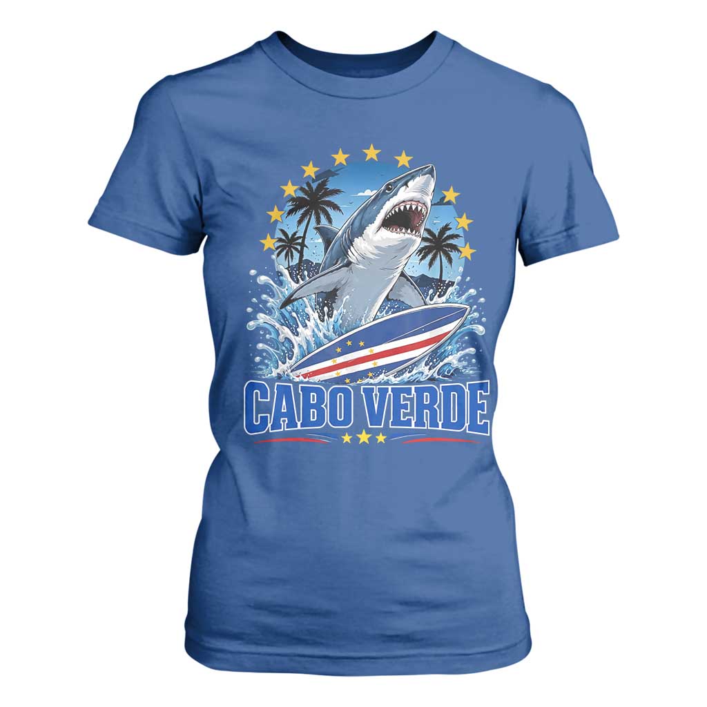 Cabo Verde Surfing Blue Shark Surfboard T Shirt For Women Cape Verde Flag Tropical Ocean Wave