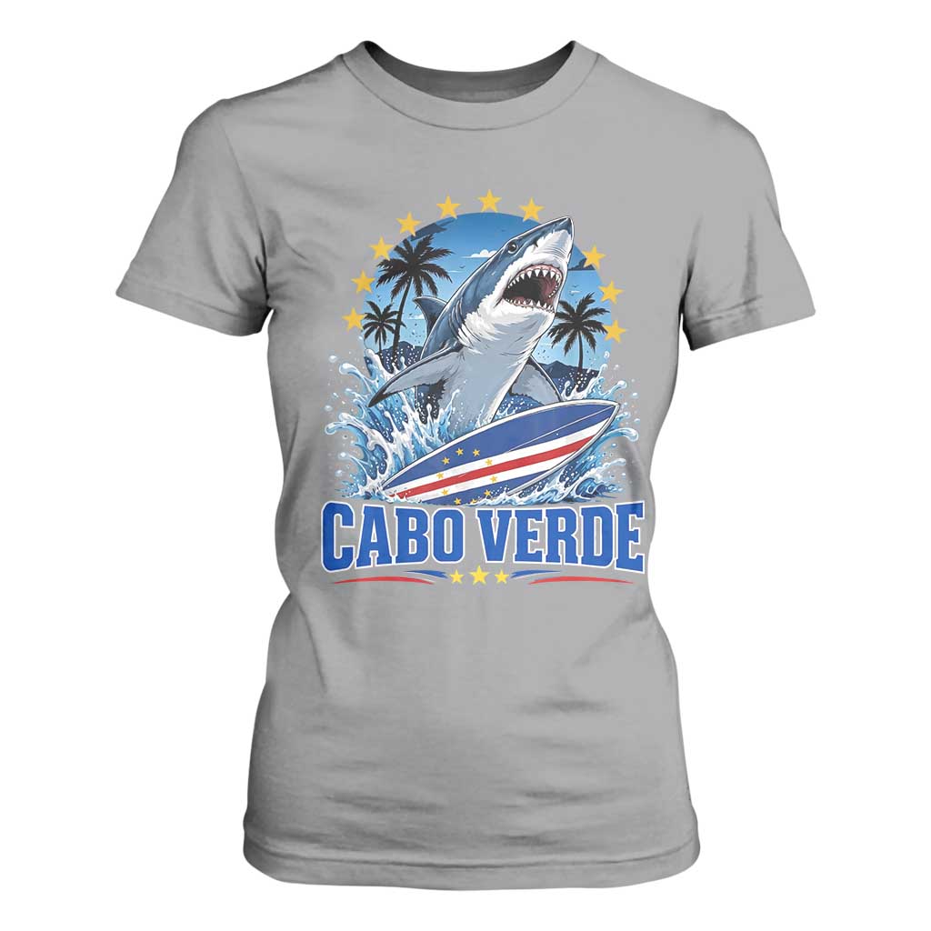 Cabo Verde Surfing Blue Shark Surfboard T Shirt For Women Cape Verde Flag Tropical Ocean Wave