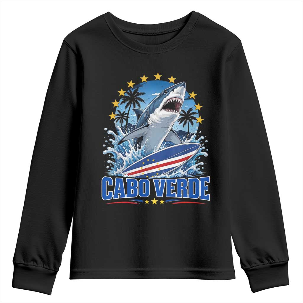 Cabo Verde Surfing Blue Shark Surfboard Youth Sweatshirt Cape Verde Flag Tropical Ocean Wave