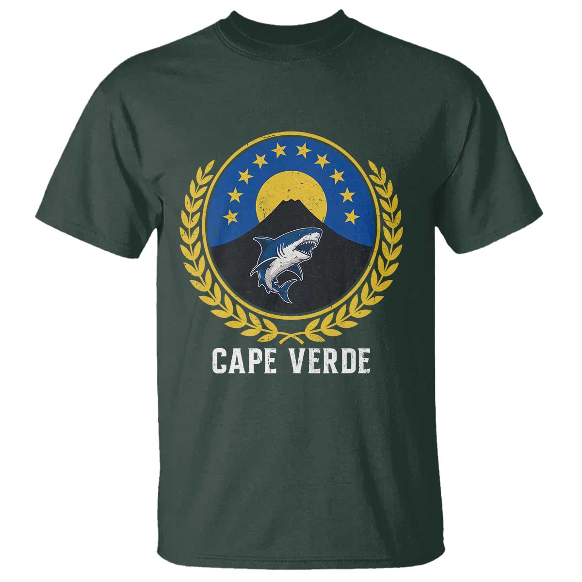 Cape Verde Volcano Blue Sharks Gold Laurel Crest Graphic T Shirt Retro Cabo Verde Heritage Pride