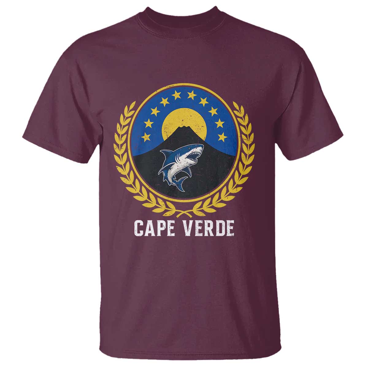 Cape Verde Volcano Blue Sharks Gold Laurel Crest Graphic T Shirt Retro Cabo Verde Heritage Pride