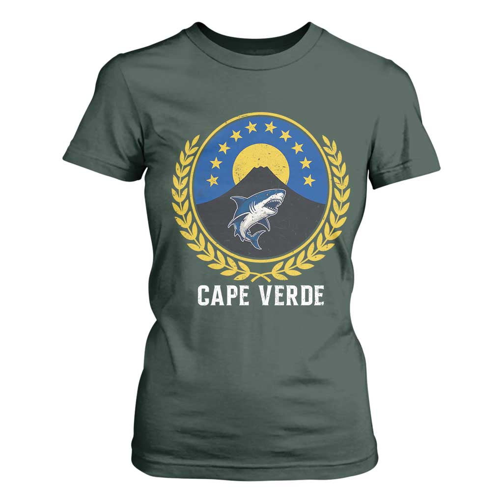 Cape Verde Volcano Blue Sharks Gold Laurel Crest Graphic T Shirt For Women Retro Cabo Verde Heritage Pride