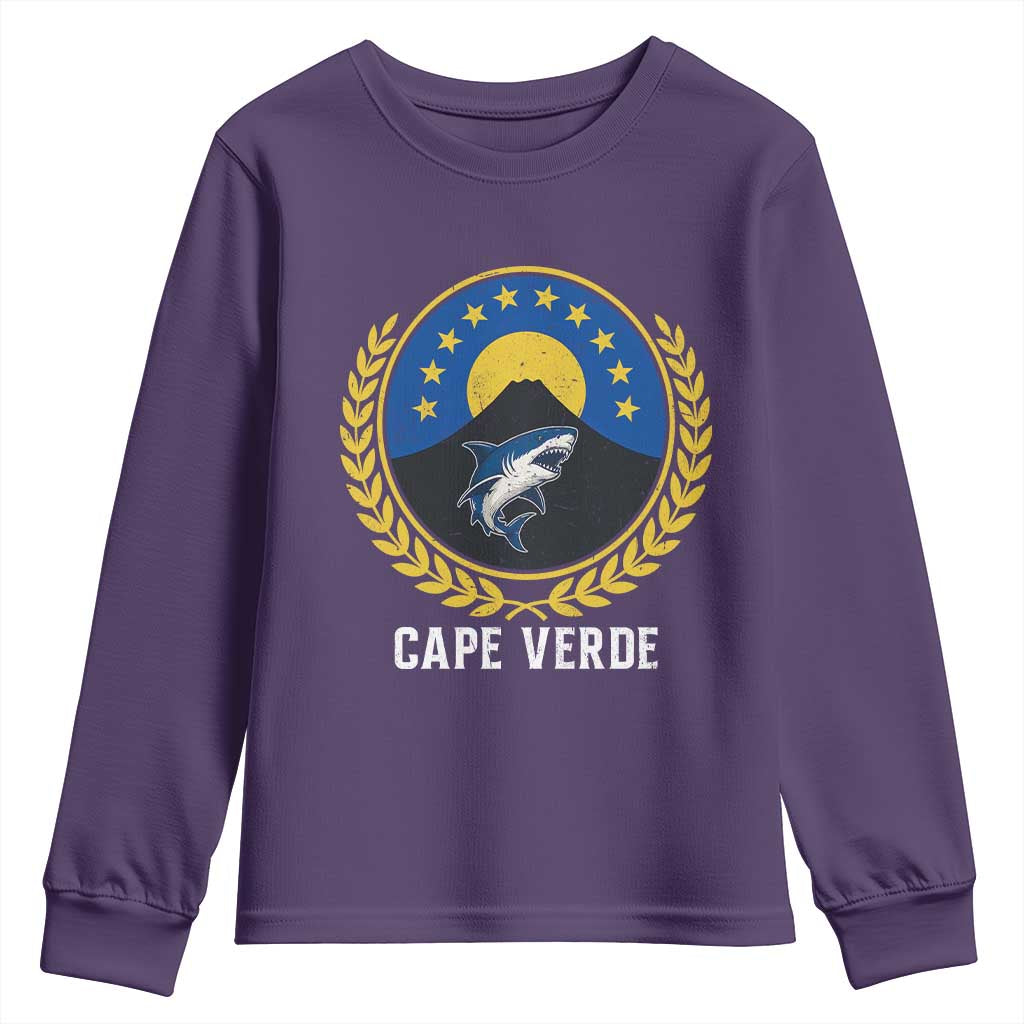 Cape Verde Volcano Blue Sharks Gold Laurel Crest Graphic Youth Sweatshirt Retro Cabo Verde Heritage Pride