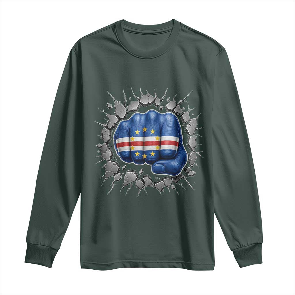 Cape Verde Flag Fist Power Stone Wall Break Graphic Long Sleeve Shirt Cabo Verde Strong Roots National Pride