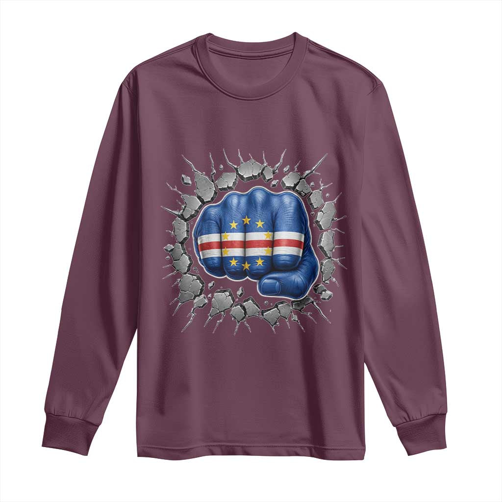 Cape Verde Flag Fist Power Stone Wall Break Graphic Long Sleeve Shirt Cabo Verde Strong Roots National Pride