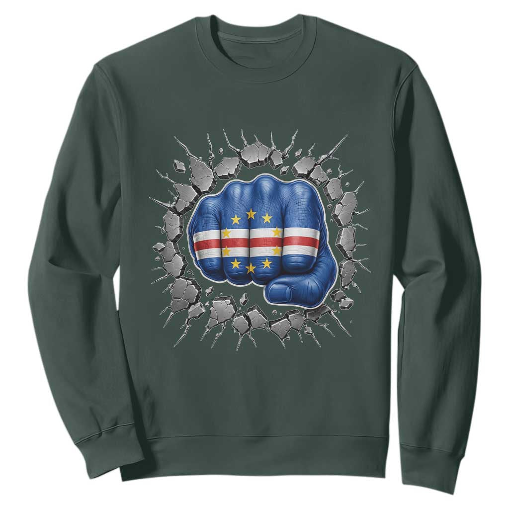 Cape Verde Flag Fist Power Stone Wall Break Graphic Sweatshirt Cabo Verde Strong Roots National Pride