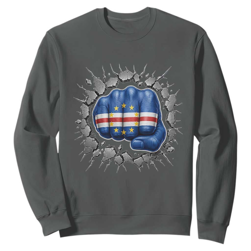 Cape Verde Flag Fist Power Stone Wall Break Graphic Sweatshirt Cabo Verde Strong Roots National Pride