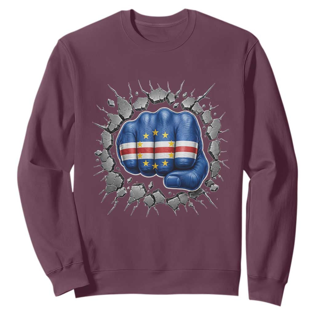 Cape Verde Flag Fist Power Stone Wall Break Graphic Sweatshirt Cabo Verde Strong Roots National Pride