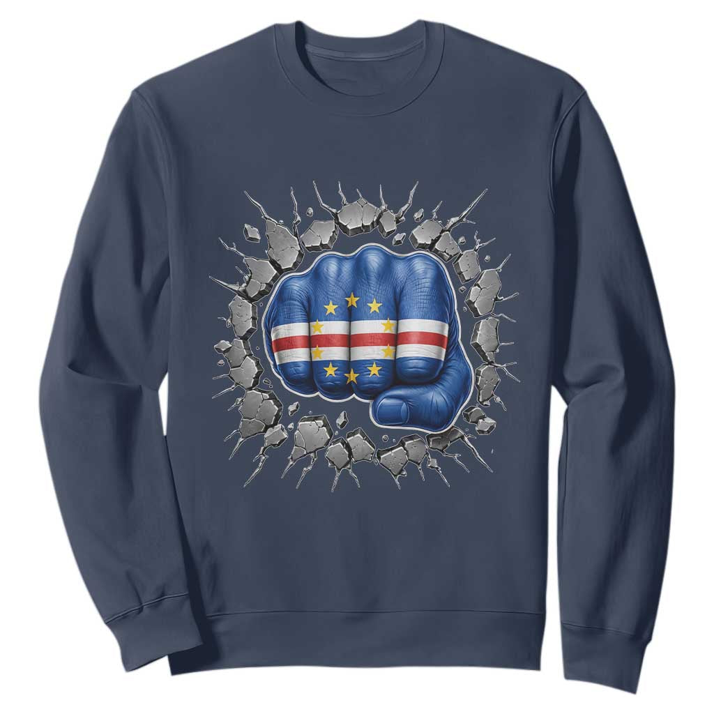 Cape Verde Flag Fist Power Stone Wall Break Graphic Sweatshirt Cabo Verde Strong Roots National Pride