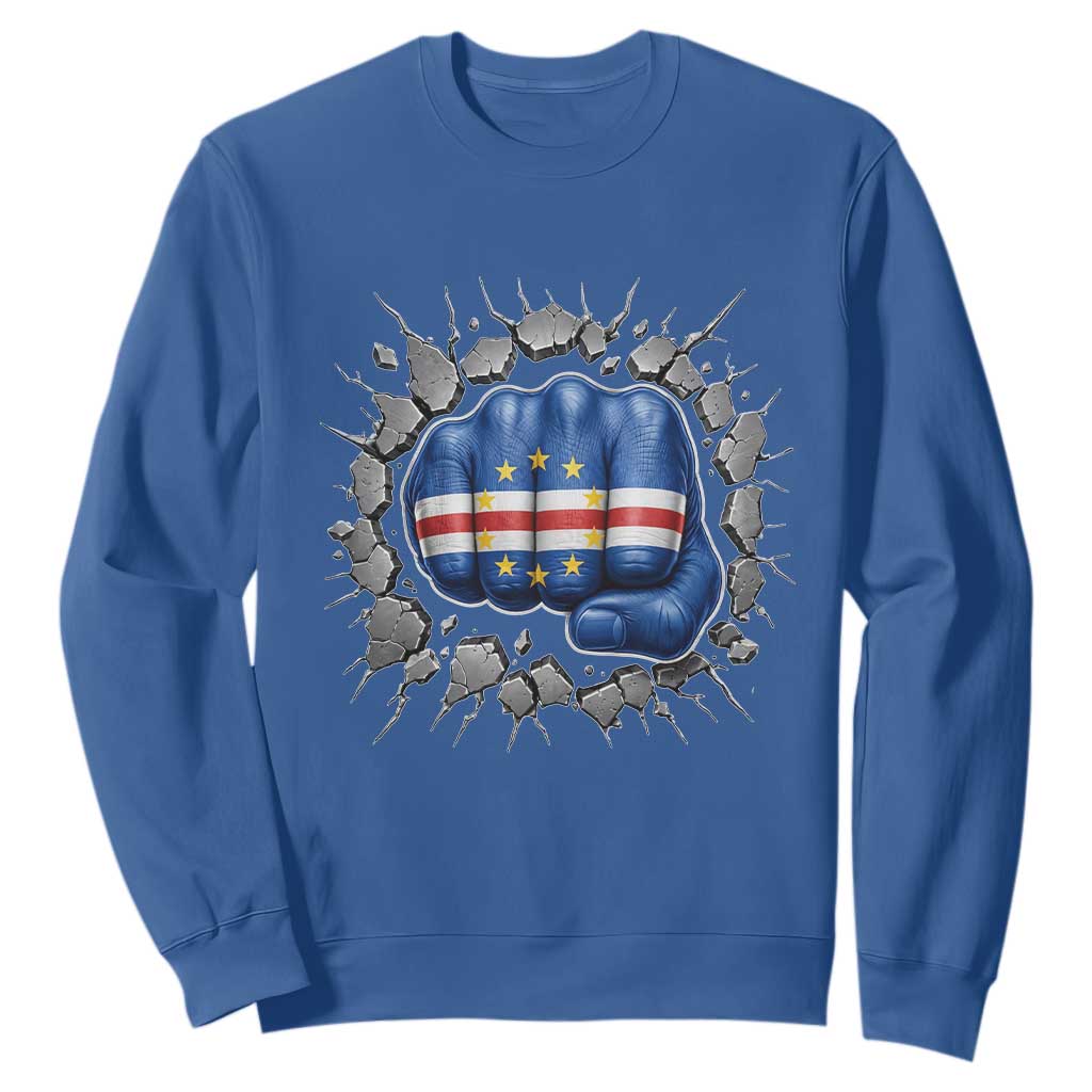 Cape Verde Flag Fist Power Stone Wall Break Graphic Sweatshirt Cabo Verde Strong Roots National Pride