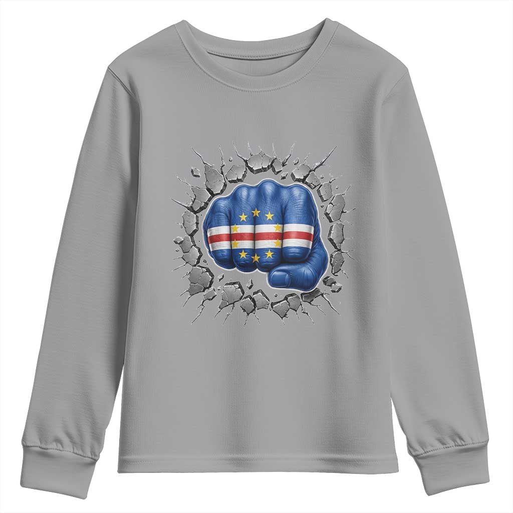 Cape Verde Flag Fist Power Stone Wall Break Graphic Youth Sweatshirt Cabo Verde Strong Roots National Pride
