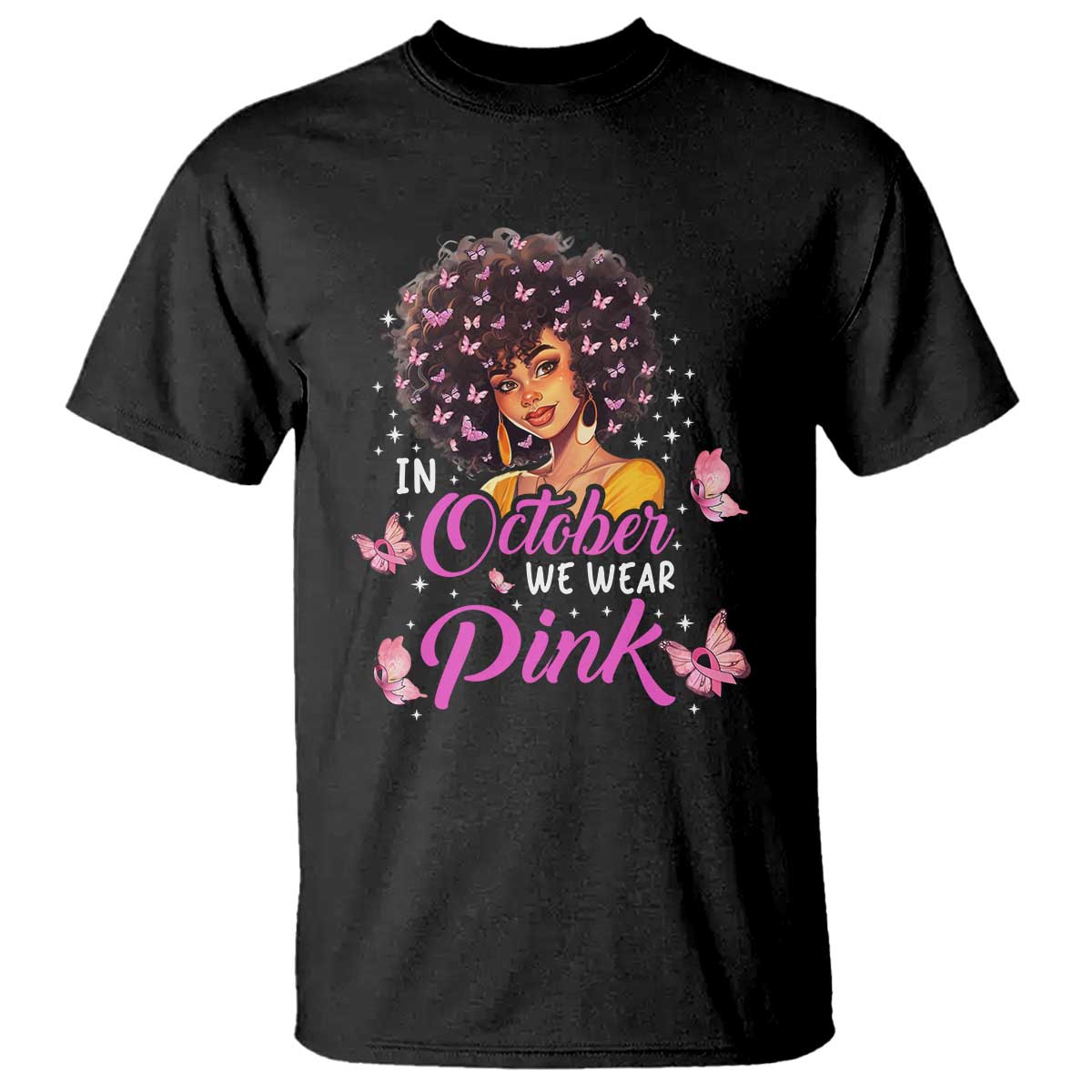 Breast Cancer Awareness T Shirt In October We Wear Pink Black Afro Woman