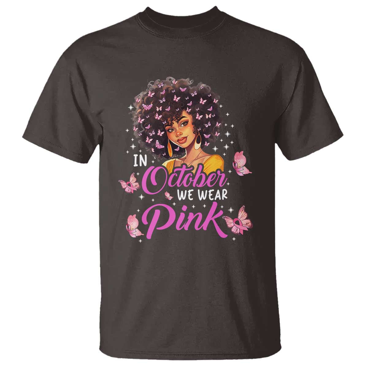 Breast Cancer Awareness T Shirt In October We Wear Pink Black Afro Woman