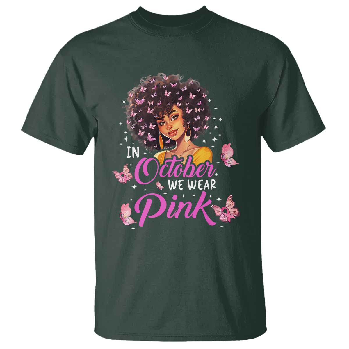 Breast Cancer Awareness T Shirt In October We Wear Pink Black Afro Woman