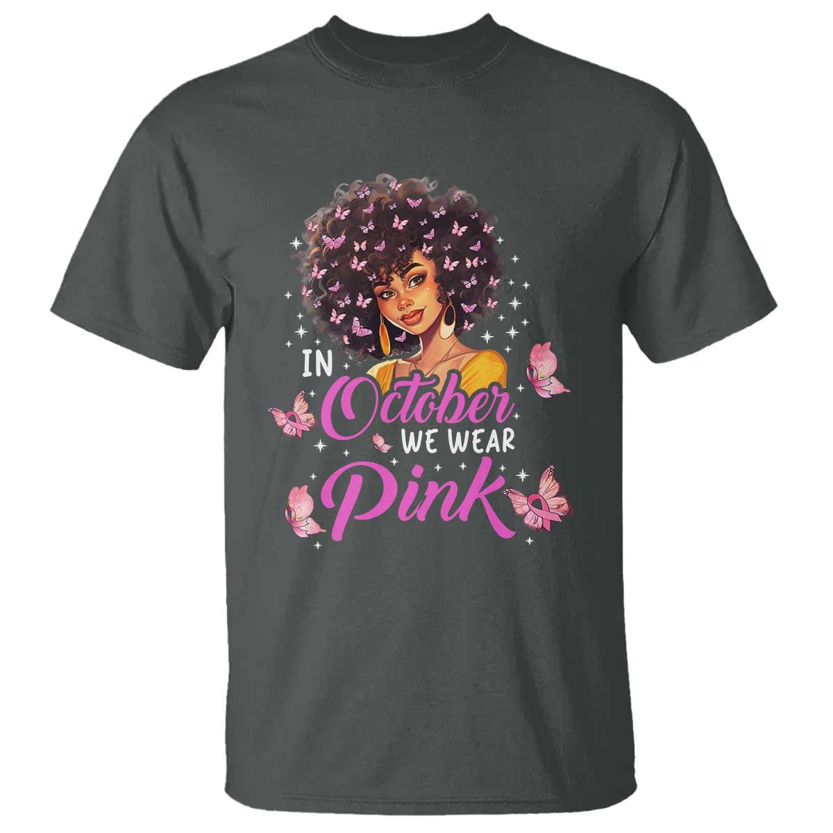 Breast Cancer Awareness T Shirt In October We Wear Pink Black Afro Woman