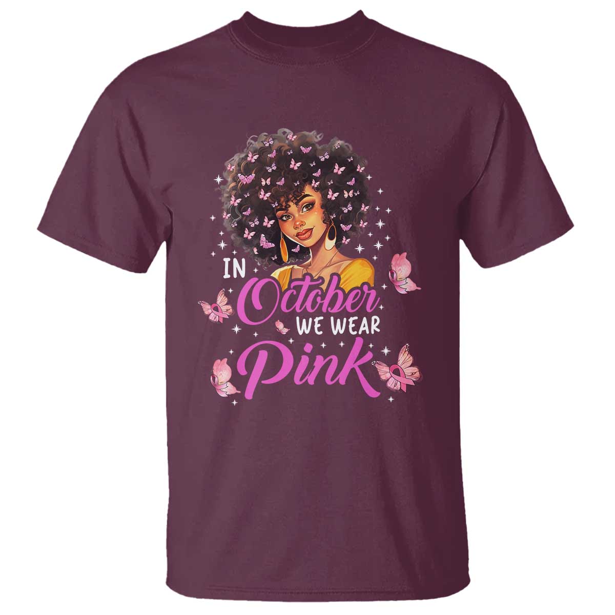 Breast Cancer Awareness T Shirt In October We Wear Pink Black Afro Woman