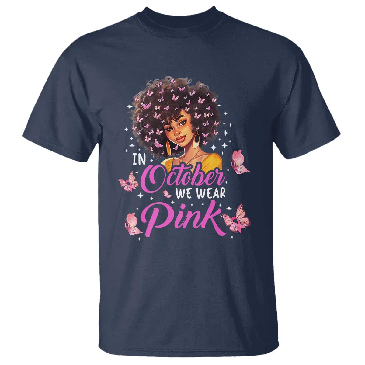 Breast Cancer Awareness T Shirt In October We Wear Pink Black Afro Woman