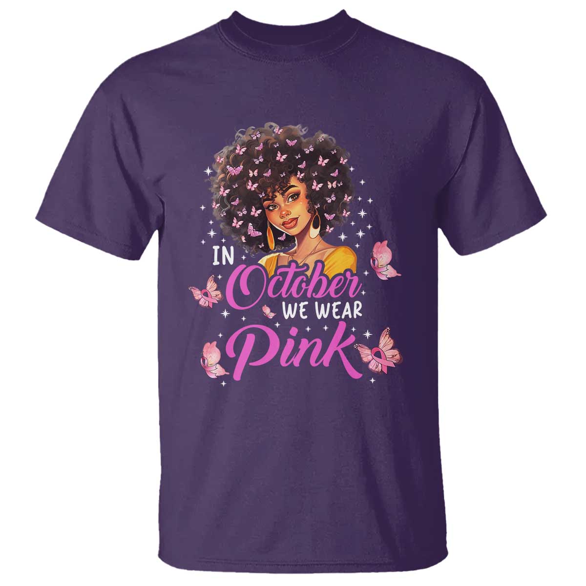 Breast Cancer Awareness T Shirt In October We Wear Pink Black Afro Woman