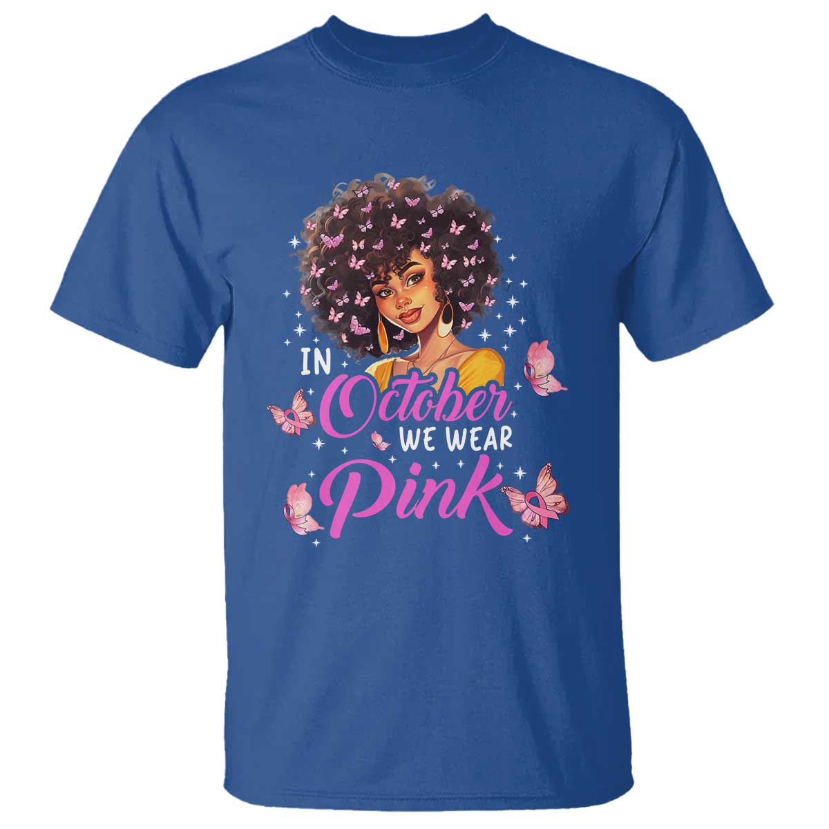 Breast Cancer Awareness T Shirt In October We Wear Pink Black Afro Woman