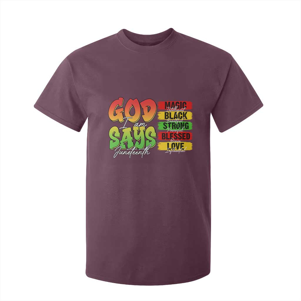 God Says I Am Affirmation Juneteenth T Shirt For Kid Christian Faith Black Excellence Pan-African Colors - African Pride
