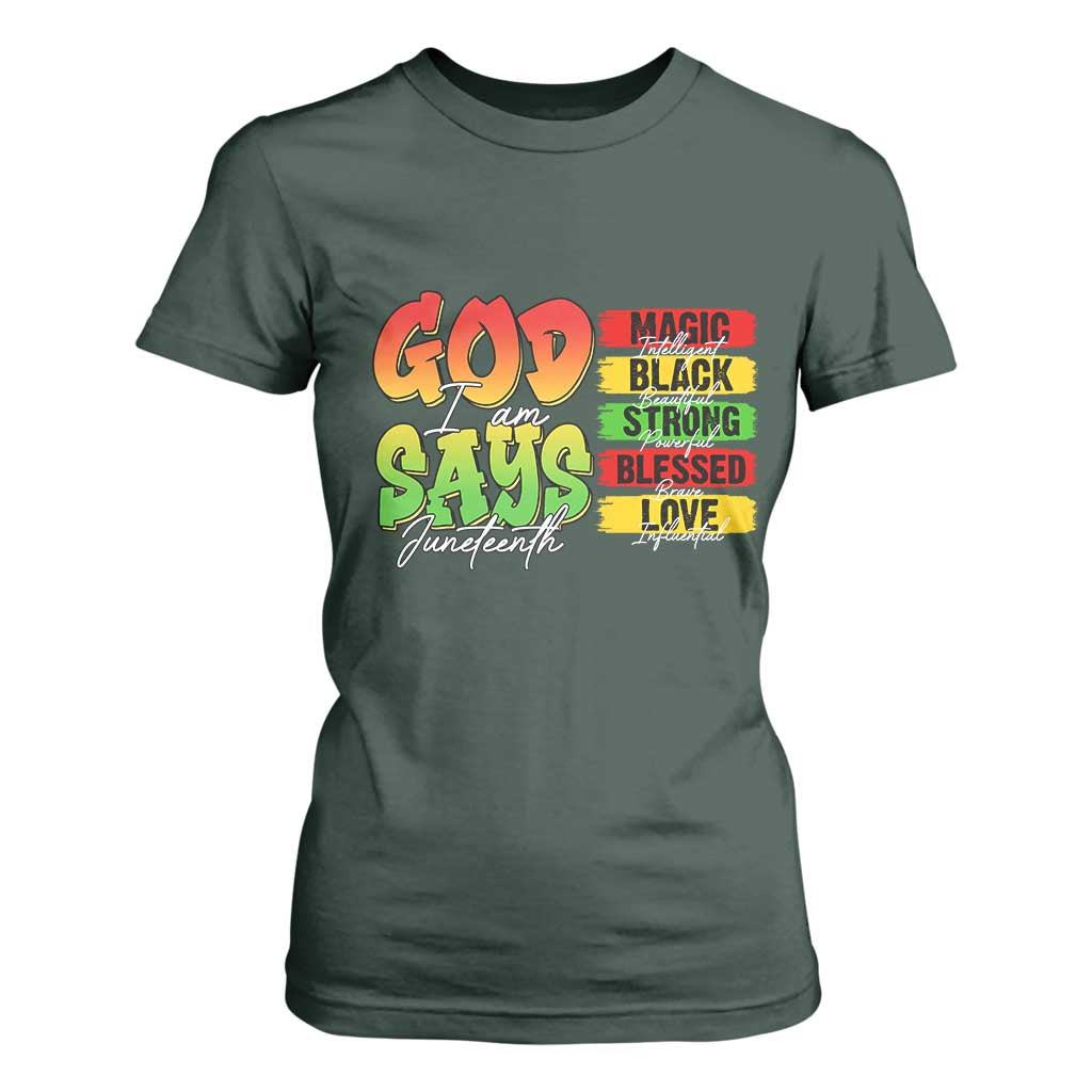 God Says I Am Affirmation Juneteenth T Shirt For Women Christian Faith Black Excellence Pan-African Colors - African Pride