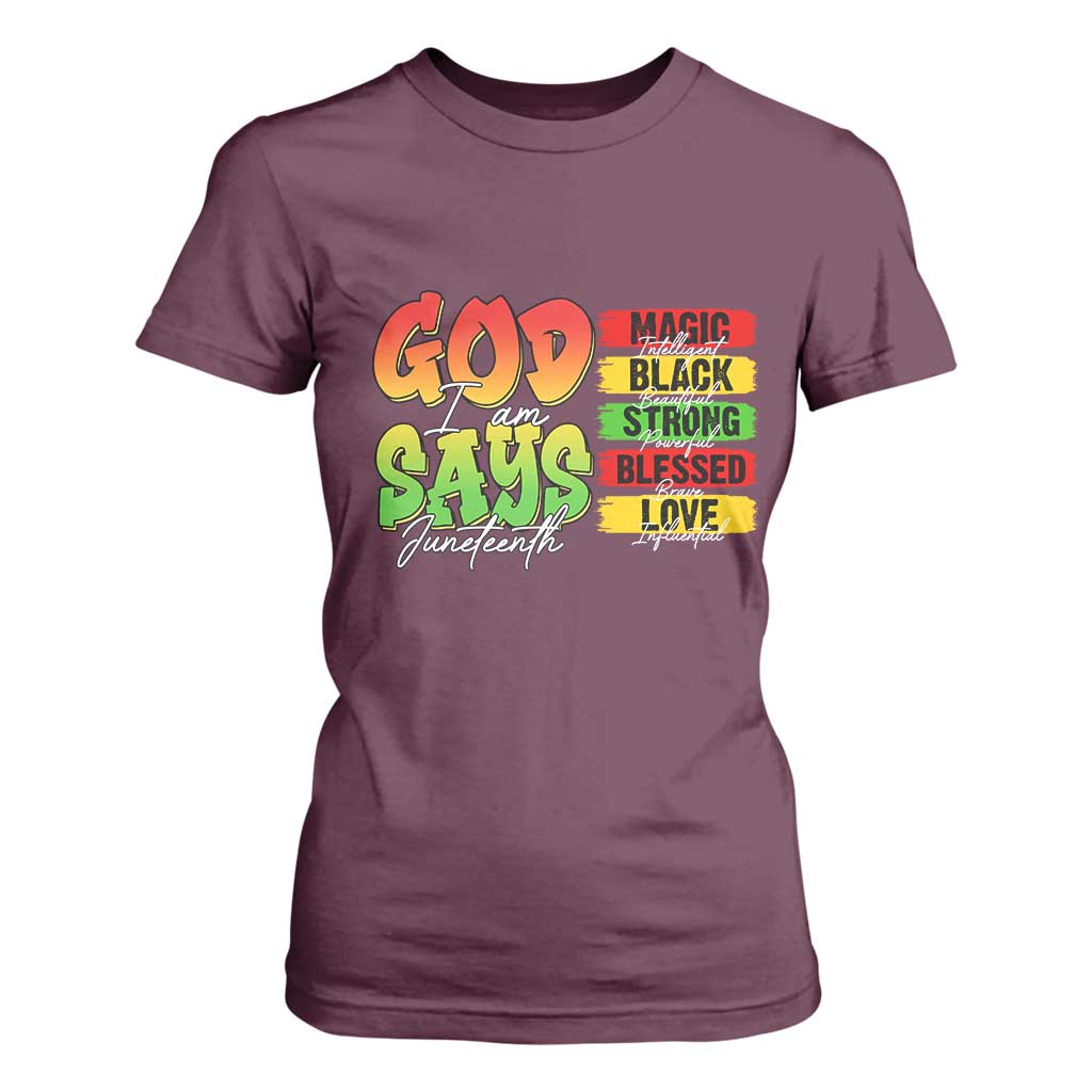 God Says I Am Affirmation Juneteenth T Shirt For Women Christian Faith Black Excellence Pan-African Colors - African Pride