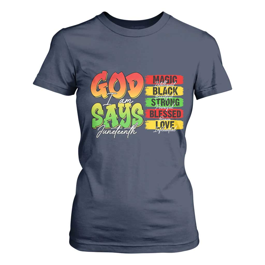 God Says I Am Affirmation Juneteenth T Shirt For Women Christian Faith Black Excellence Pan-African Colors - African Pride