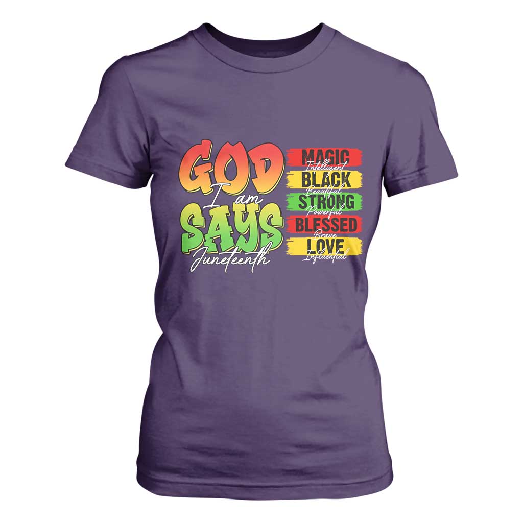God Says I Am Affirmation Juneteenth T Shirt For Women Christian Faith Black Excellence Pan-African Colors - African Pride