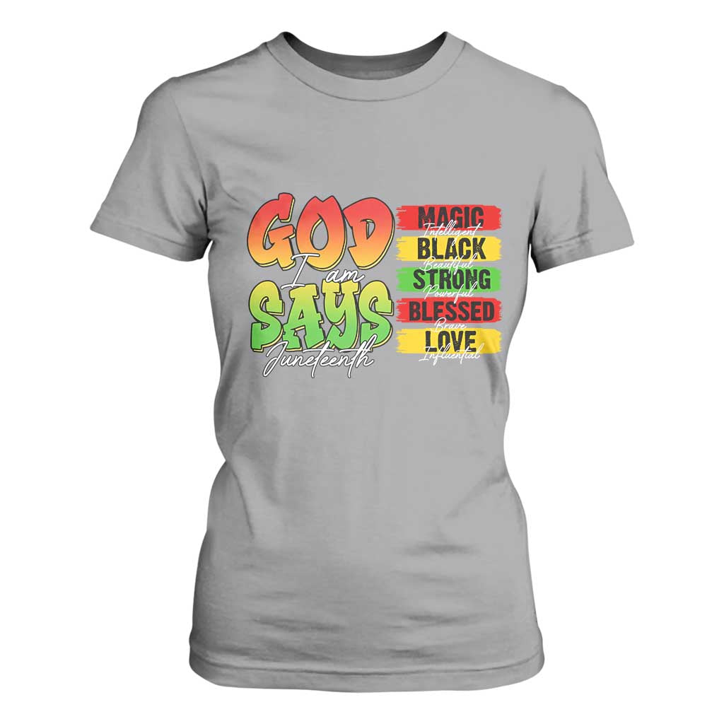 God Says I Am Affirmation Juneteenth T Shirt For Women Christian Faith Black Excellence Pan-African Colors - African Pride