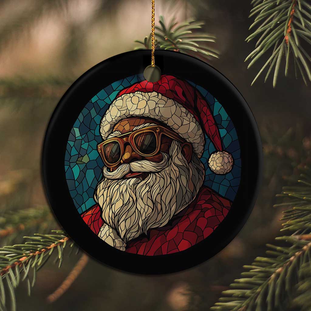 Cool African American Santa Melanin Claus Stained Glass Effect Printed Christmas Ornament Festive Xmas Tree Decor