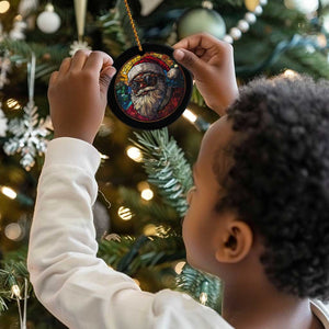 African American Santa Melanin Claus Stained Glass Effect Printed Christmas Ornament Festive Xmas Tree Decor