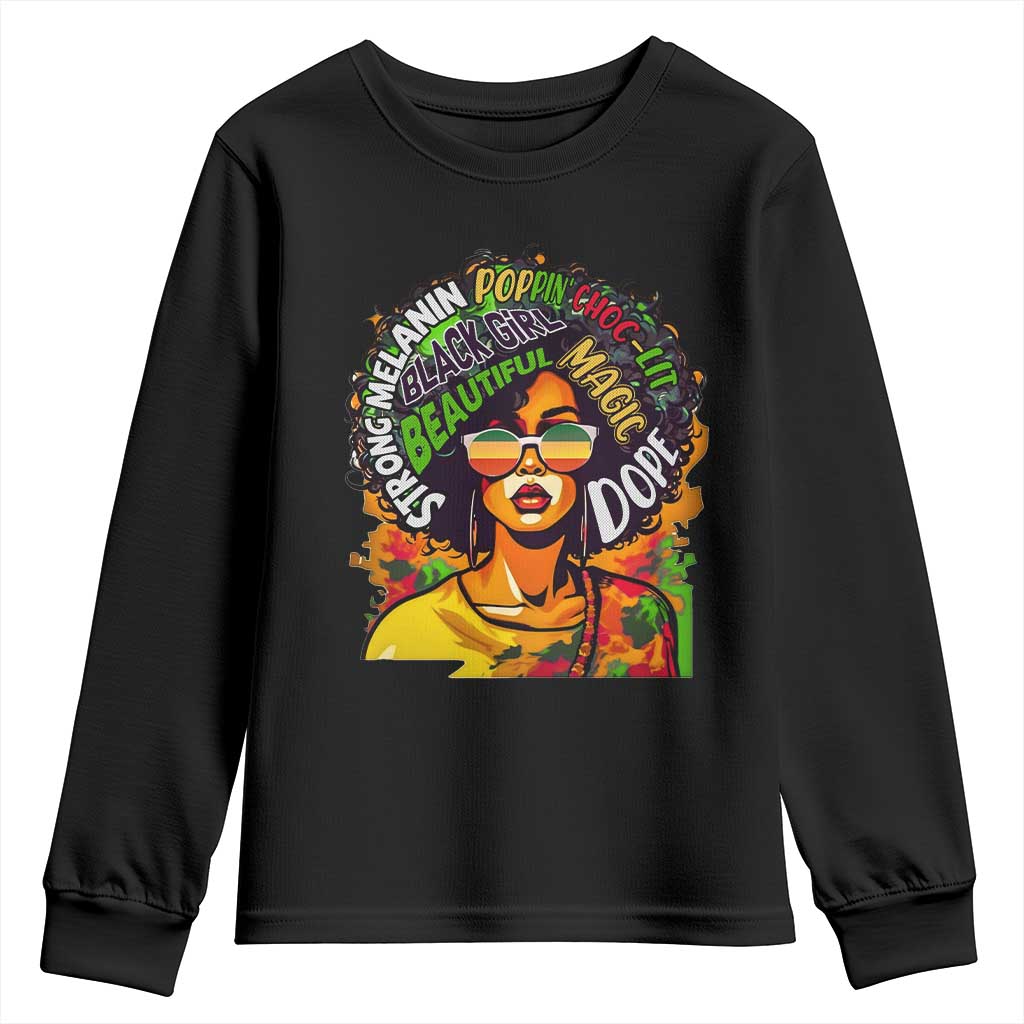Afro Black Queen Magic Youth Long Sleeve Shirt Beautiful Strong Melanin Poppin' Choc-lit Dope