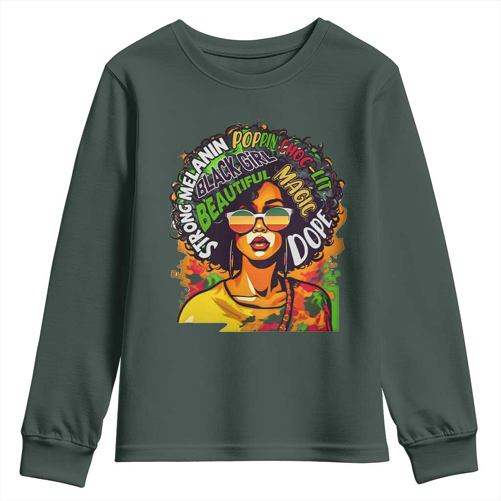 Afro Black Queen Magic Youth Long Sleeve Shirt Beautiful Strong Melanin Poppin' Choc-lit Dope