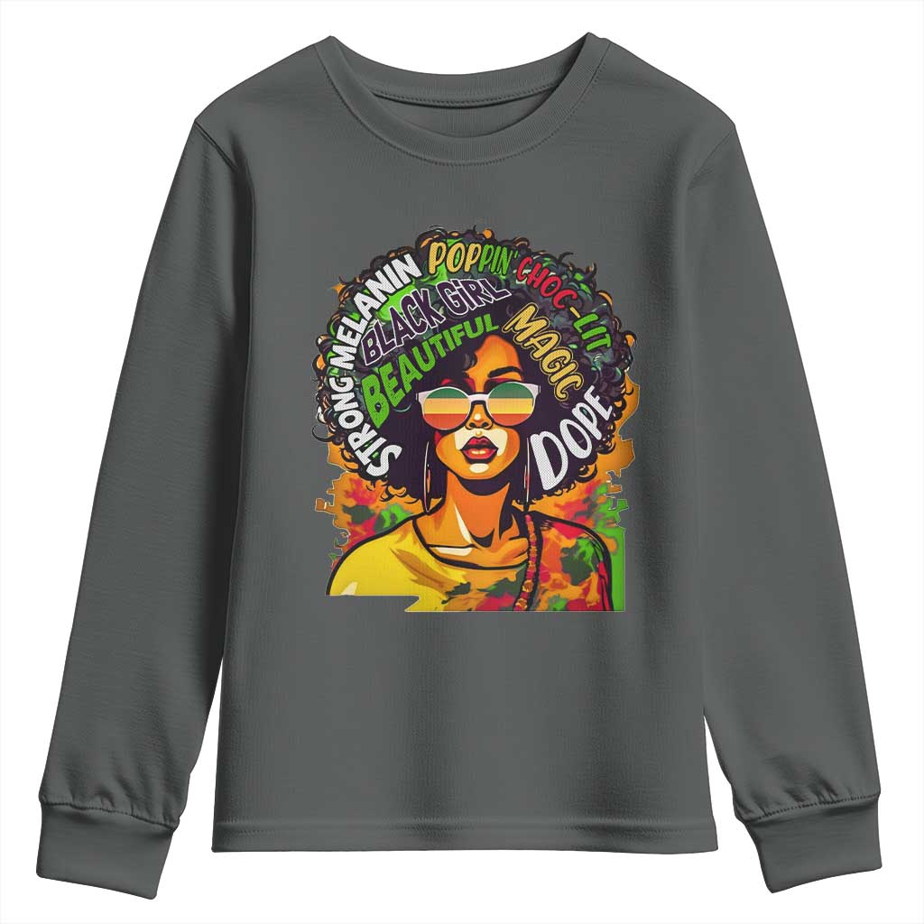 Afro Black Queen Magic Youth Long Sleeve Shirt Beautiful Strong Melanin Poppin' Choc-lit Dope