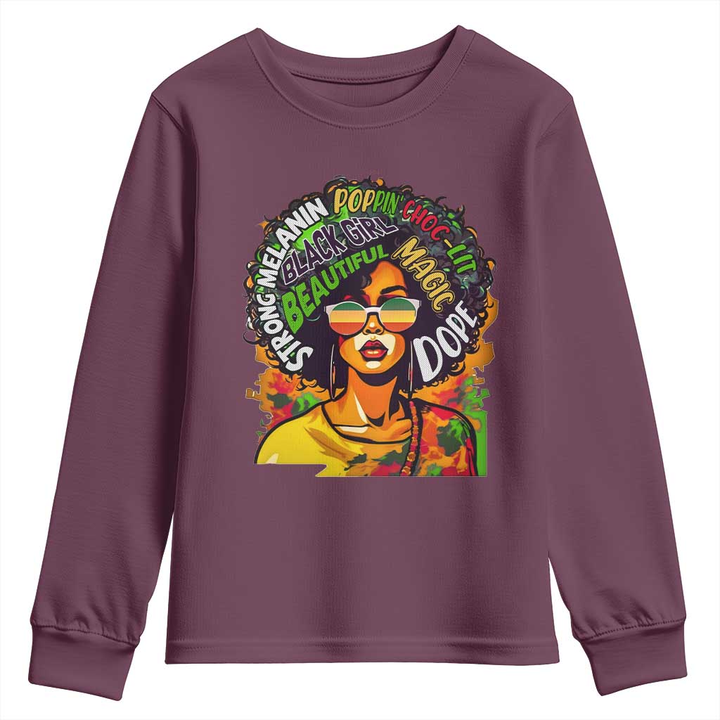 Afro Black Queen Magic Youth Long Sleeve Shirt Beautiful Strong Melanin Poppin' Choc-lit Dope