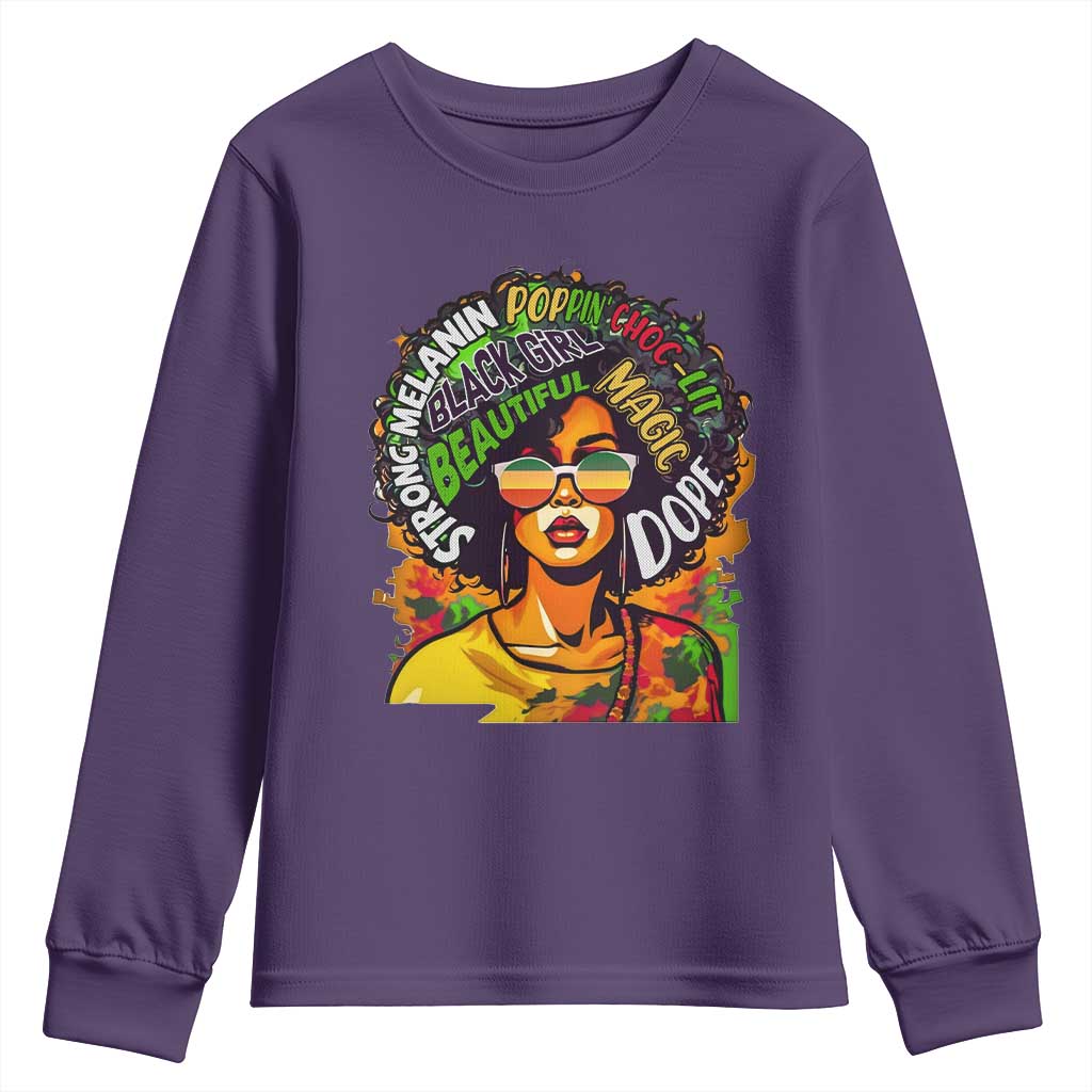 Afro Black Queen Magic Youth Long Sleeve Shirt Beautiful Strong Melanin Poppin' Choc-lit Dope