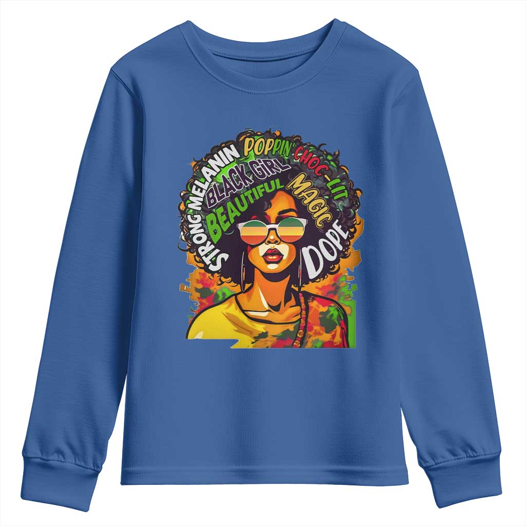 Afro Black Queen Magic Youth Long Sleeve Shirt Beautiful Strong Melanin Poppin' Choc-lit Dope